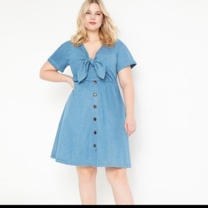 Eloquii Chambray Denim Button Front Tie Short Sleeves Midi Dress Size 16